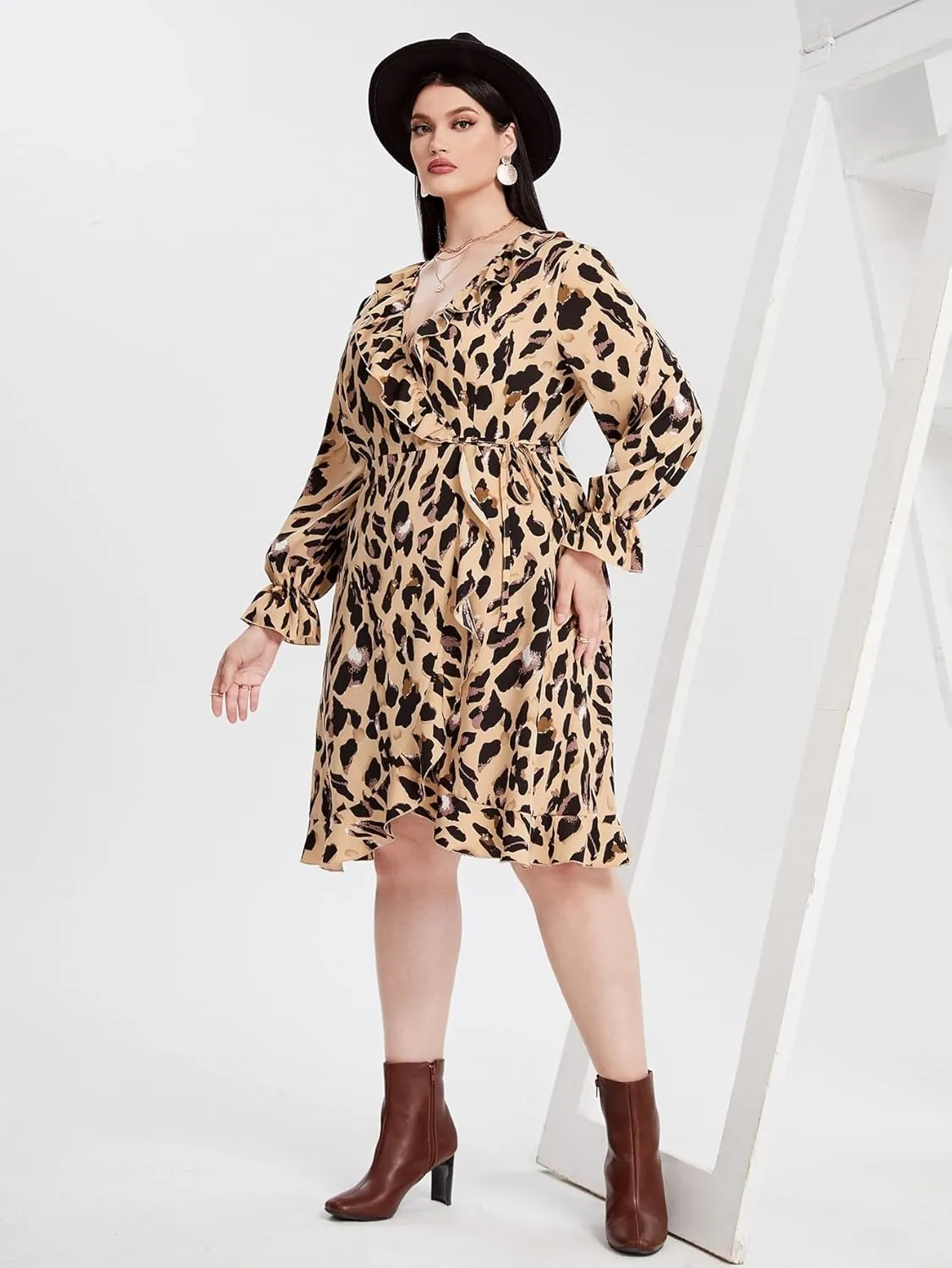 Dress for Women Leopard Print Wrap Plus Size V Neck Long Sleeve Midi Dress, with Ruffle Hem Waist Tie