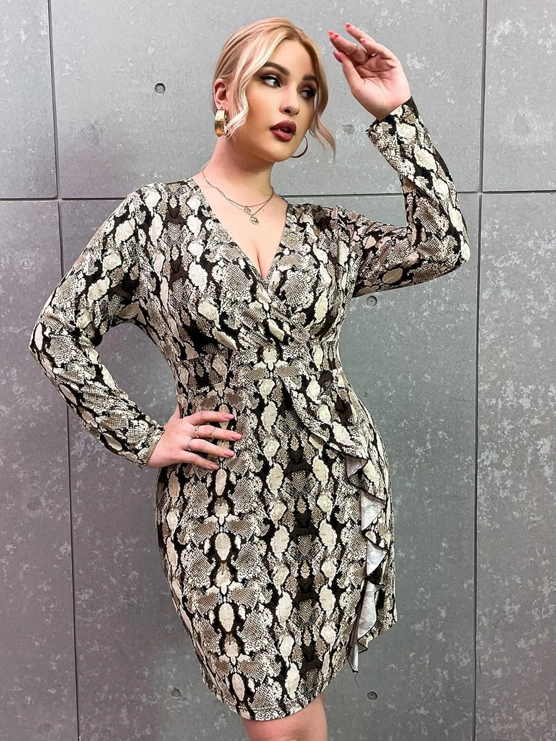 Dress for Women Sexy Snake Print Wrap, Plus Size Long Sleeve V Neck Mini Dress Bodycon Ruffle Hem