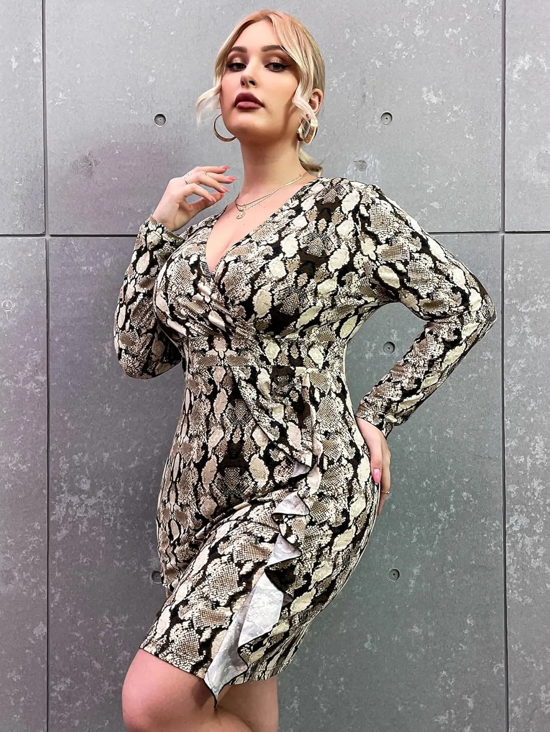 Dress for Women Sexy Snake Print Wrap, Plus Size Long Sleeve V Neck Mini Dress Bodycon Ruffle Hem