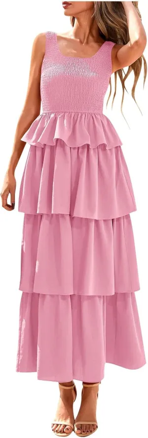 Dresses for Women 2025 Scoop Neck Sleeveless A Line Midi Dress Smocked Ruffle Tiered Layered Beach Vacation Dresses
