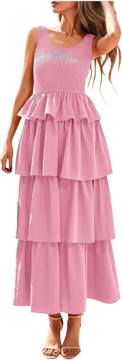 Dresses for Women 2025 Scoop Neck Sleeveless A Line Midi Dress Smocked Ruffle Tiered Layered Beach Vacation Dresses