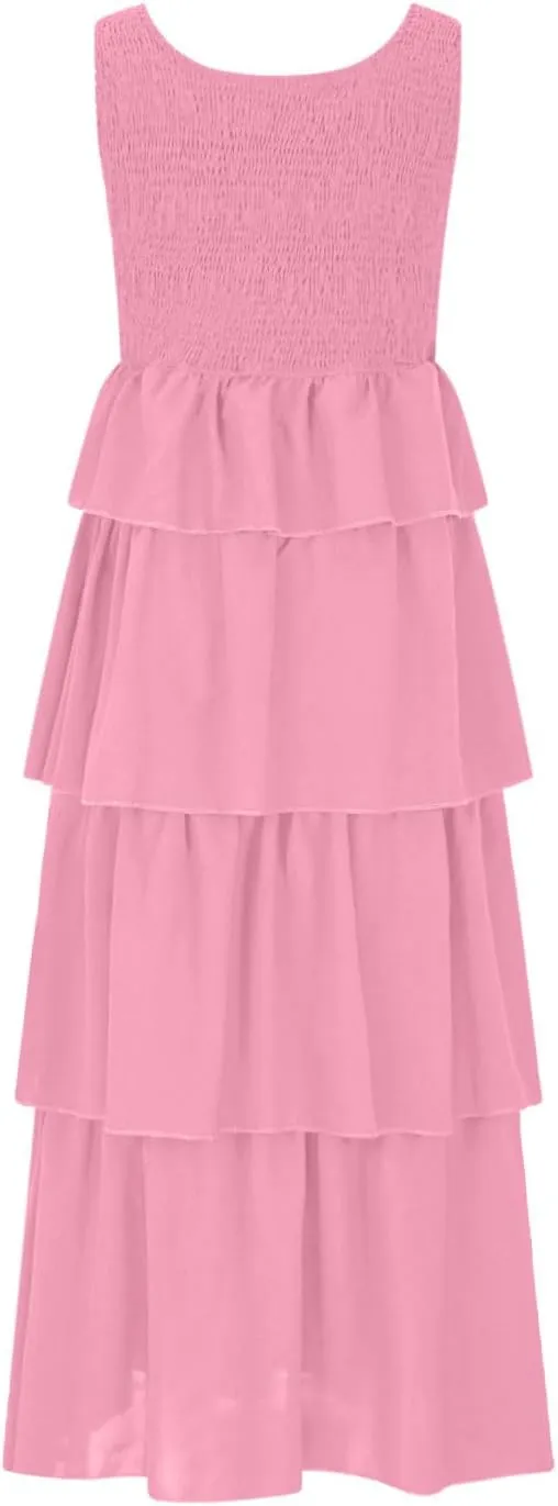 Dresses for Women 2025 Scoop Neck Sleeveless A Line Midi Dress Smocked Ruffle Tiered Layered Beach Vacation Dresses