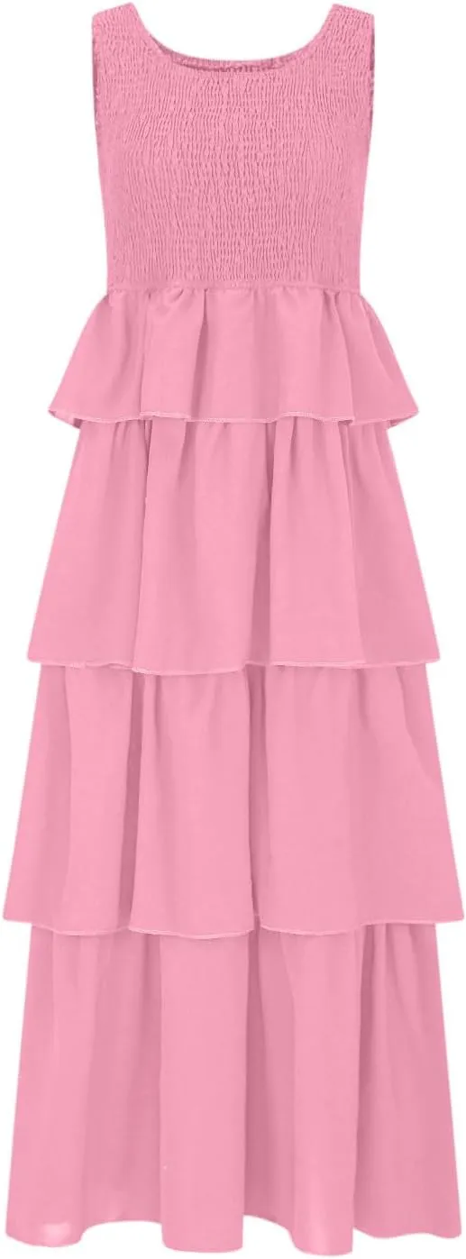 Dresses for Women 2025 Scoop Neck Sleeveless A Line Midi Dress Smocked Ruffle Tiered Layered Beach Vacation Dresses