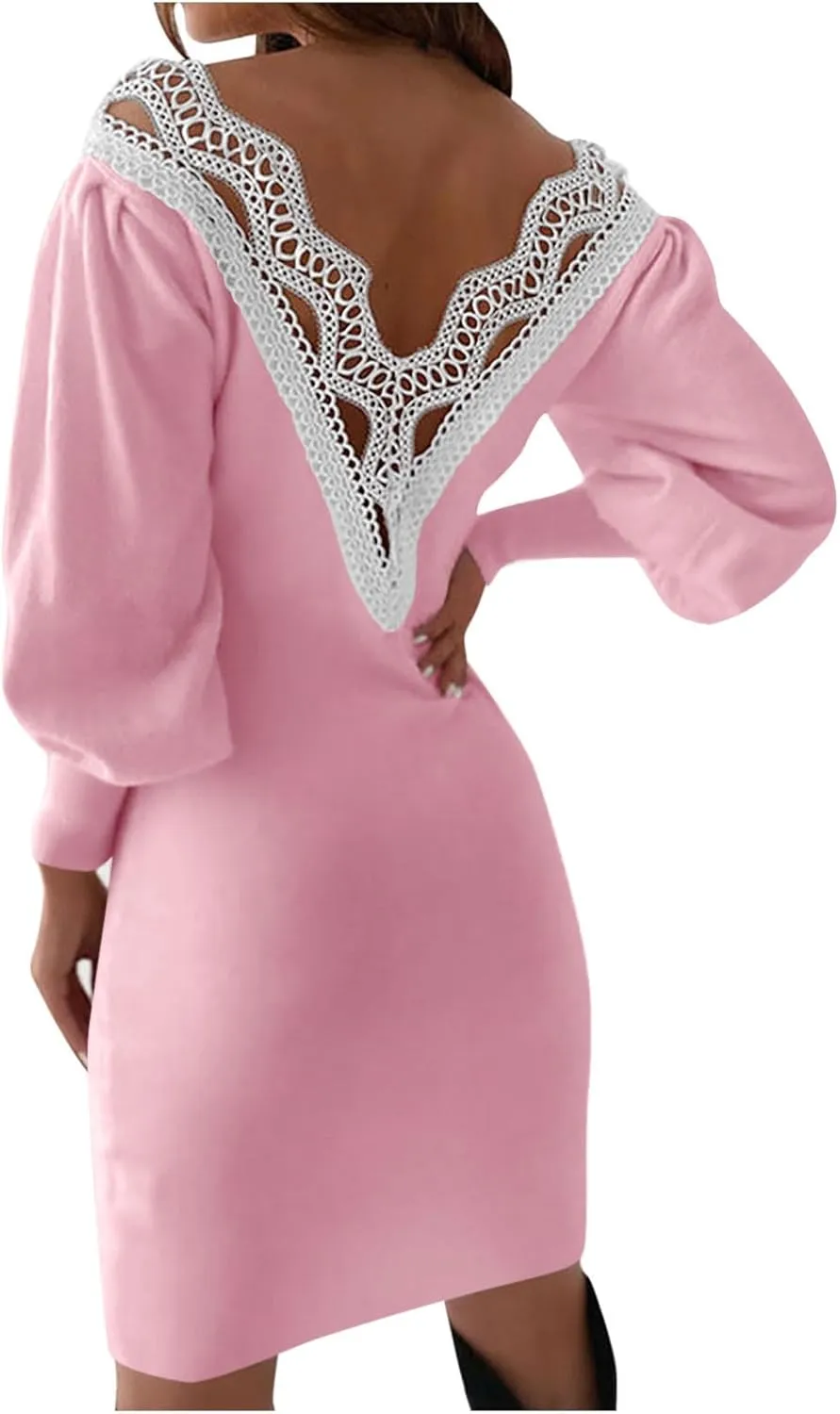 Dresses for Women Lace Crochet Sexy V Neck Backless Bodycon Lantern Sleeve A-Line Mini Dress 2025 Fashion Outfits