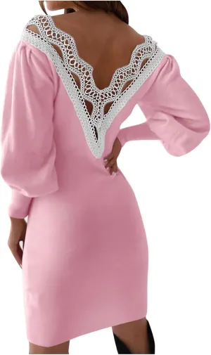 Dresses for Women Lace Crochet Sexy V Neck Backless Bodycon Lantern Sleeve A-Line Mini Dress 2025 Fashion Outfits