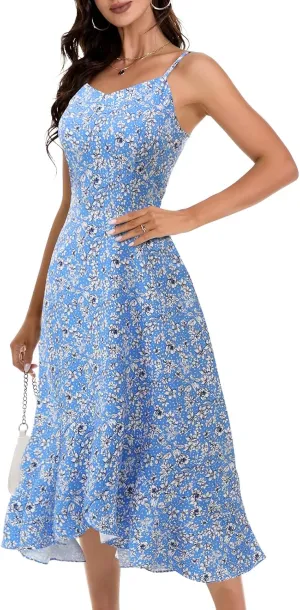 DRESSTELLS Women's Floral Summer Dress 2025, High Low Boho Strap Ruffle Casual Sundress
