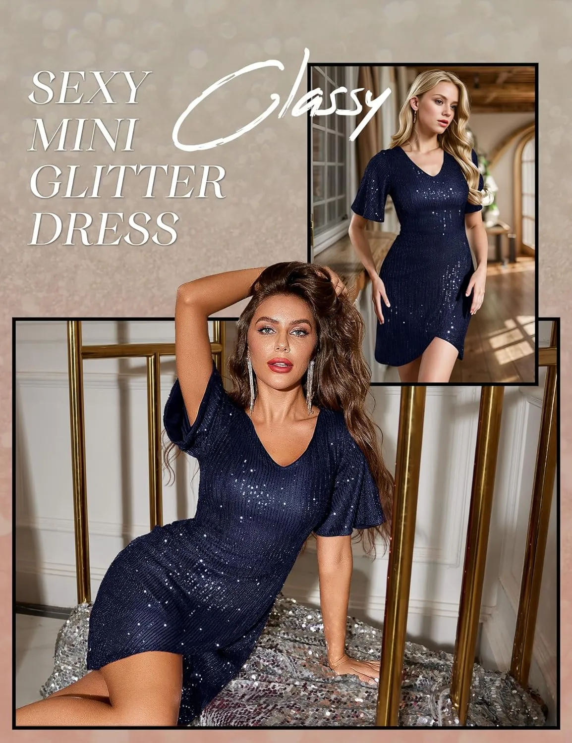 Dressystar Women Sequin Cocktail V Neck Dress Prom Sparkly Bodycon Short Sleeve Sexy Mini Glitter Party Club Dresses