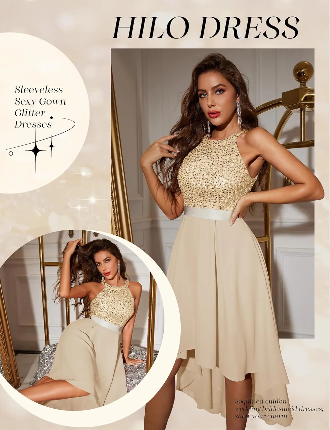 Dressystar Women's Sequin Halter Cocktail Prom Dresses Hi-Lo Sparkly Glitter Homecoming Bridesmaid Wedding Dress