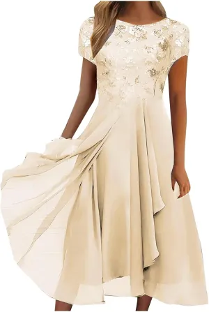 Elegant Embroidery Midi Dresses for Women Flowy Lace Cap Sleeve Dress 2025 Chiffon Plus Size Formal Evening Gowns