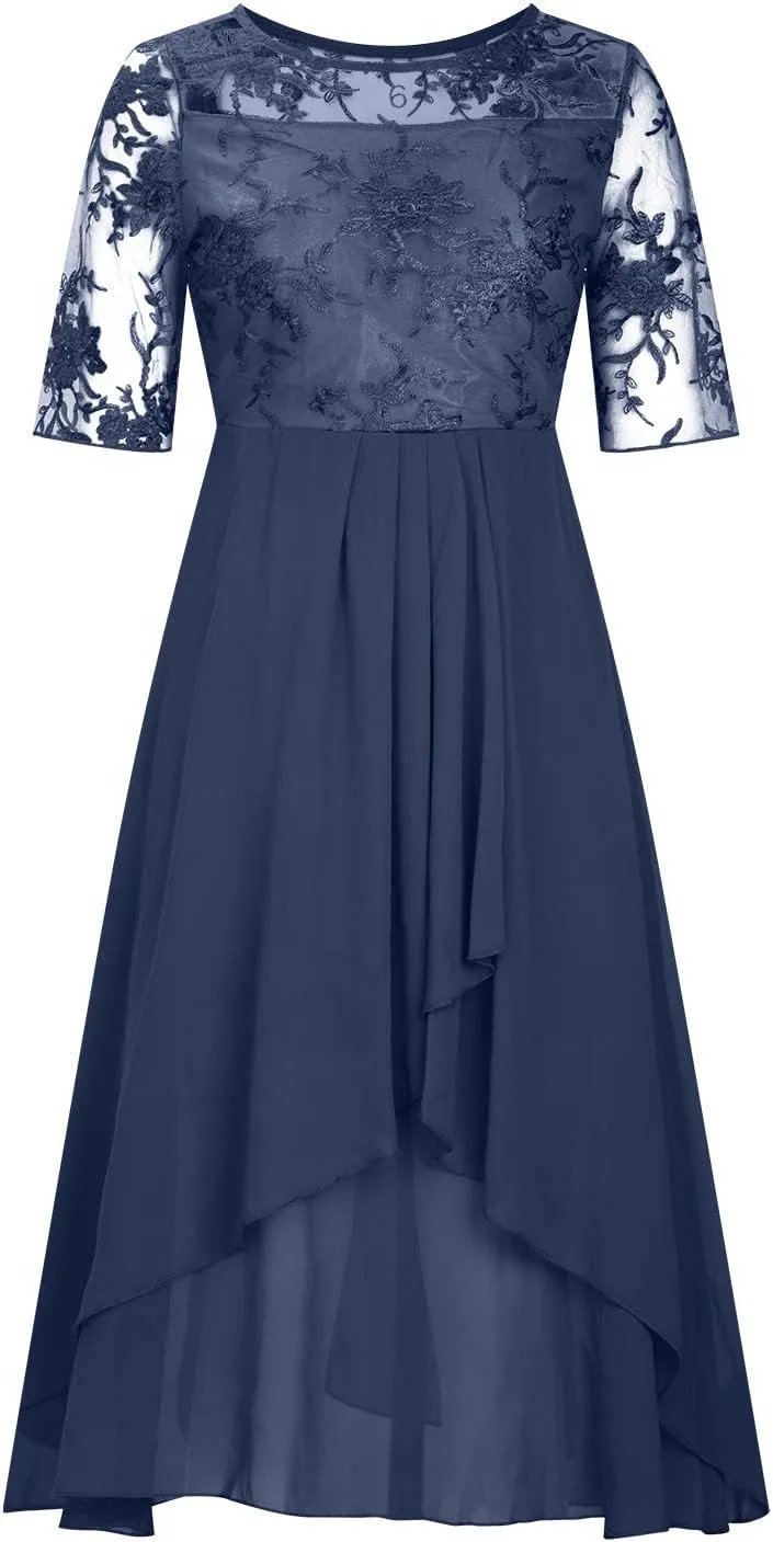 Elegant Embroidery Midi Dresses for Women Flowy Lace Cap Sleeve Dress 2025 Chiffon Plus Size Formal Evening Gowns