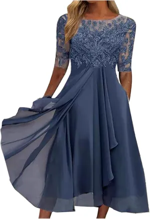 Elegant Embroidery Midi Dresses for Women Flowy Lace Cap Sleeve Dress 2025 Chiffon Plus Size Formal Evening Gowns