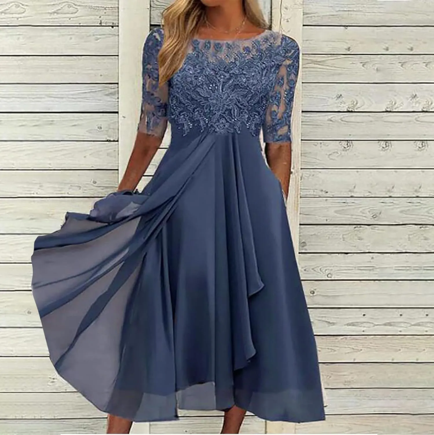 Elegant Embroidery Midi Dresses for Women Flowy Lace Cap Sleeve Dress 2025 Chiffon Plus Size Formal Evening Gowns