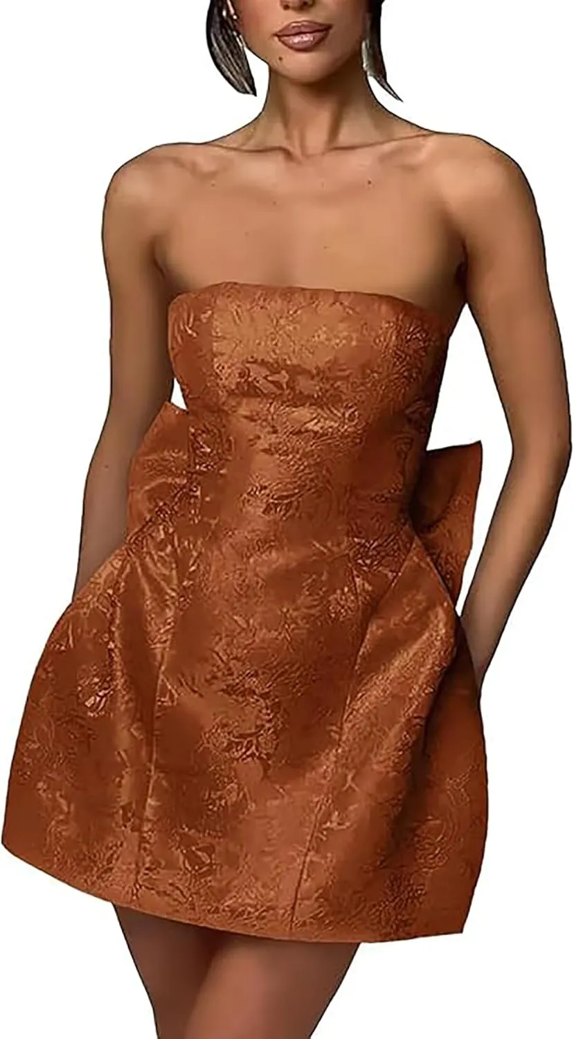 Embroidery Satin Short Prom Dress for Womens Straplesss Party Cocktial Homecoming Mini Gown with Bow Back