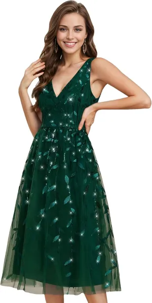 Ever-Pretty Women's A Line V Neck Open Back Sleeveless Ruched Sequin Knee Length Formal Dress 02106