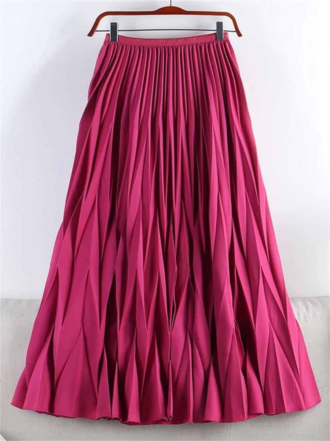 Fashion Pleated Long Skirt Women Casual Solid A Line High Waist Midi Skirt