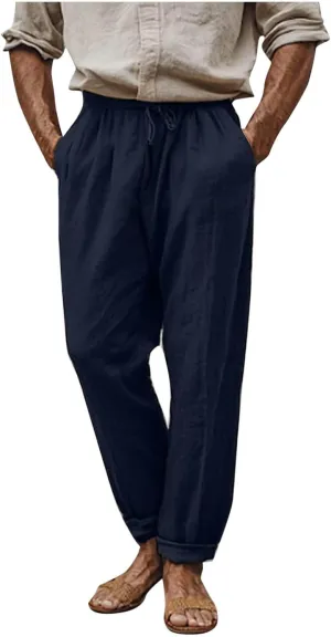 Finelylove Mens Linen Pants Summer Casual Relaxed Fit Lightweight Beach Pants Elastic Waist Straight Yoga Travel Trousers