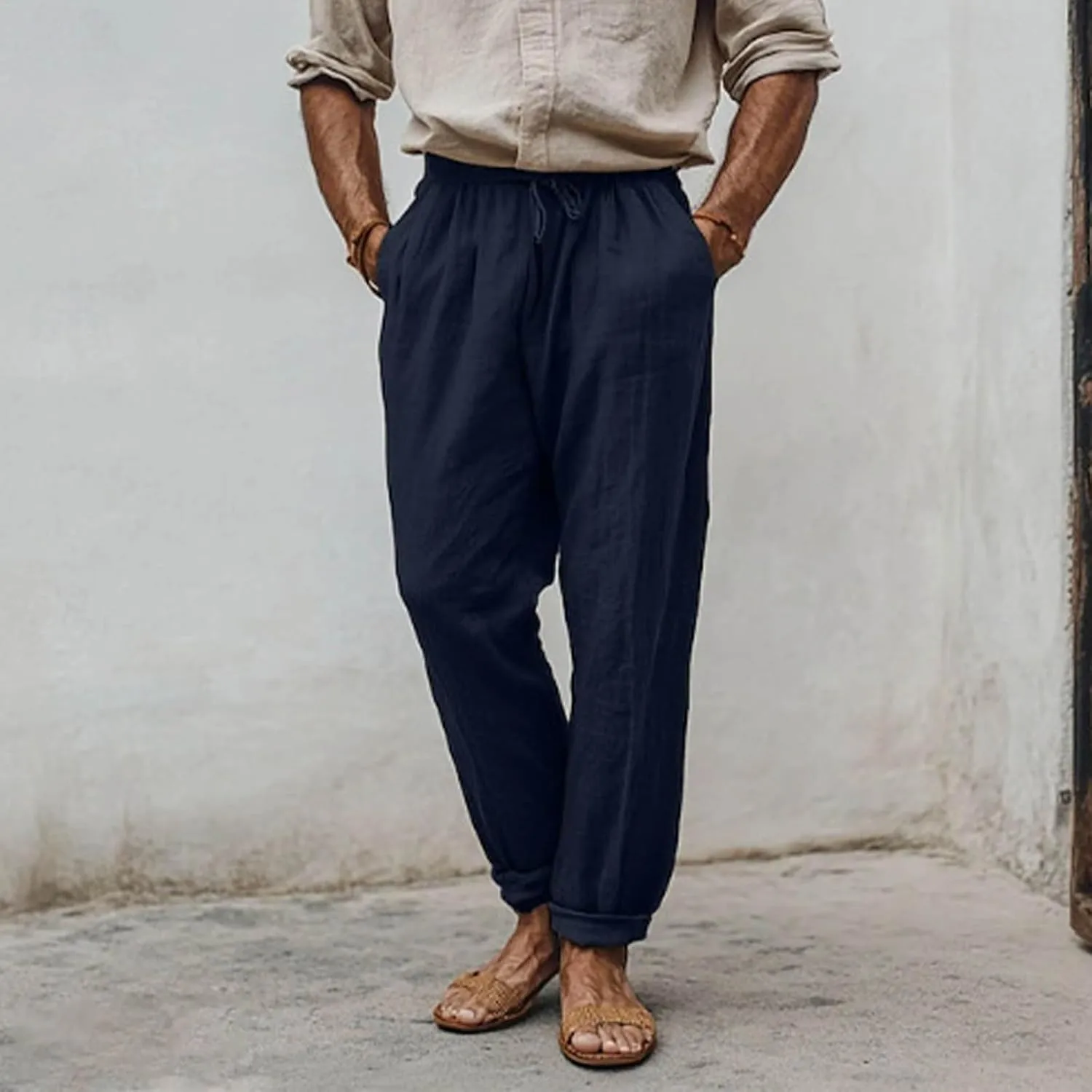 Finelylove Mens Linen Pants Summer Casual Relaxed Fit Lightweight Beach Pants Elastic Waist Straight Yoga Travel Trousers