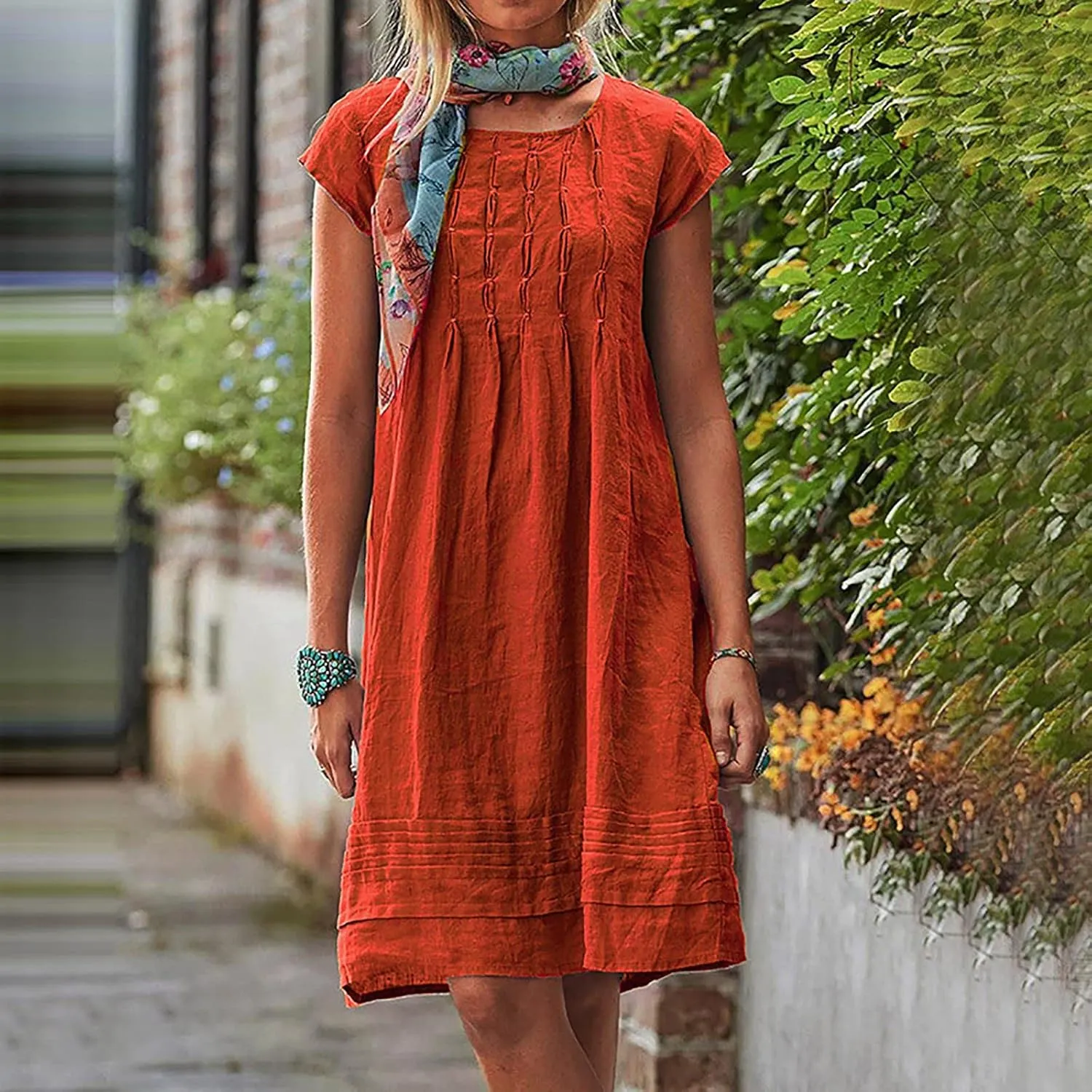 Finelylove Womens Casual Summer Cotton Linen Dresses Midi Flowy Beach Dress Short Sleeve Ruffled Shift Dress Loose Sundress