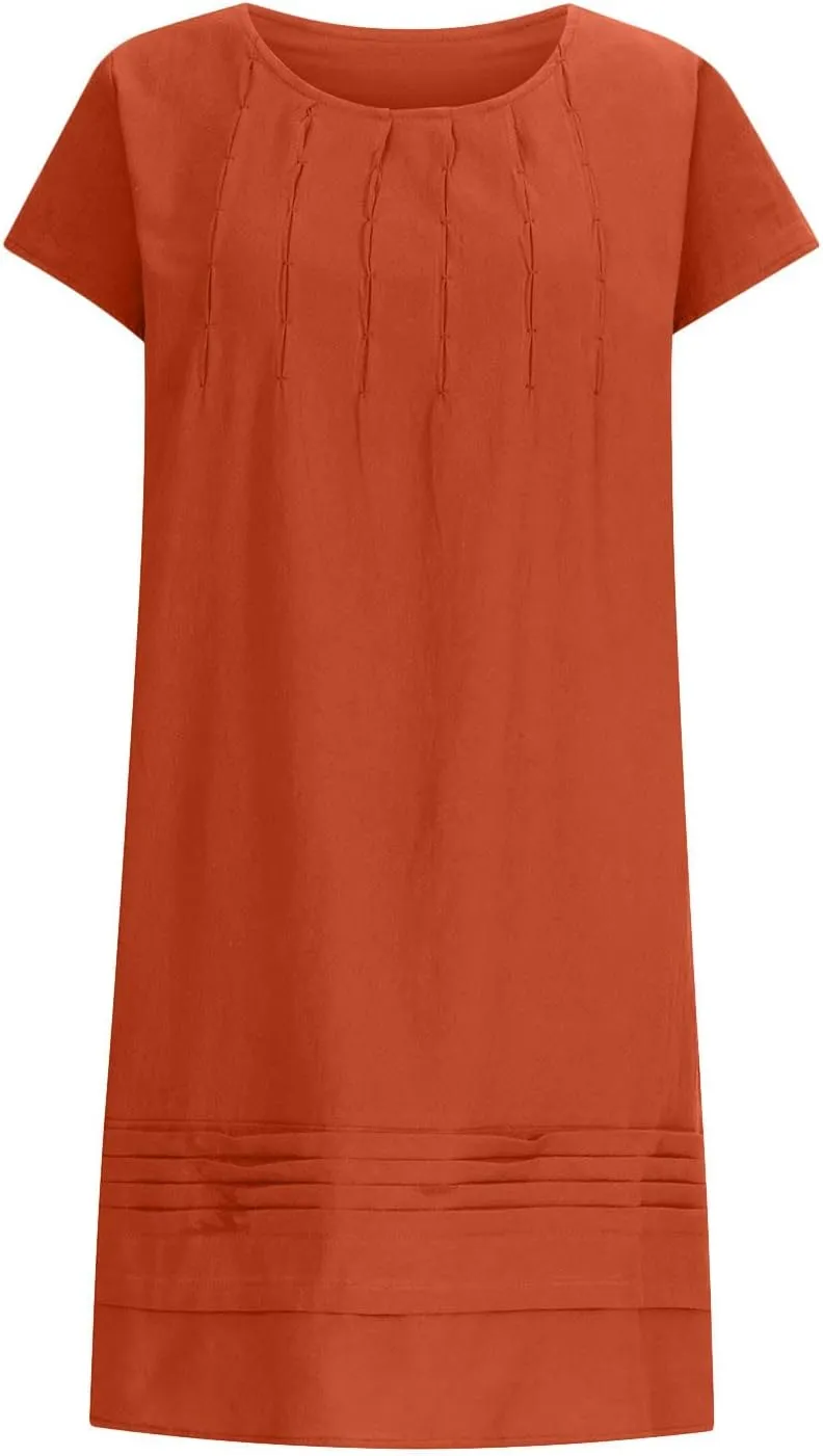 Finelylove Womens Casual Summer Cotton Linen Dresses Midi Flowy Beach Dress Short Sleeve Ruffled Shift Dress Loose Sundress
