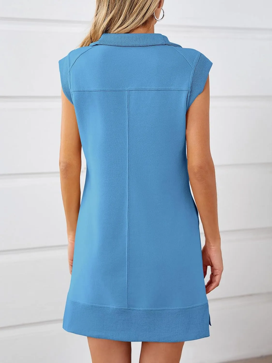 Fisoew Womens Summer Half Zip Sweatshirt Dresses V Neck Collared Sleeveless Workout Tunic Mini Dress