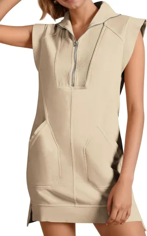 Fisoew Womens Summer Half Zip Sweatshirt Dresses V Neck Collared Sleeveless Workout Tunic Mini Dress