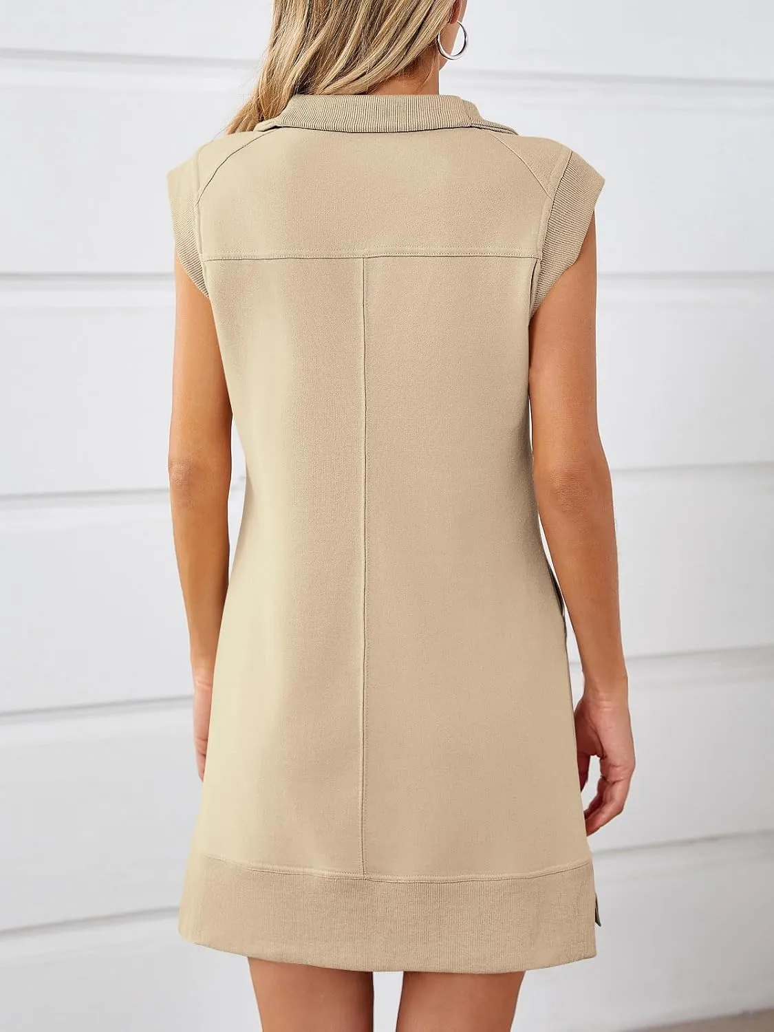 Fisoew Womens Summer Half Zip Sweatshirt Dresses V Neck Collared Sleeveless Workout Tunic Mini Dress