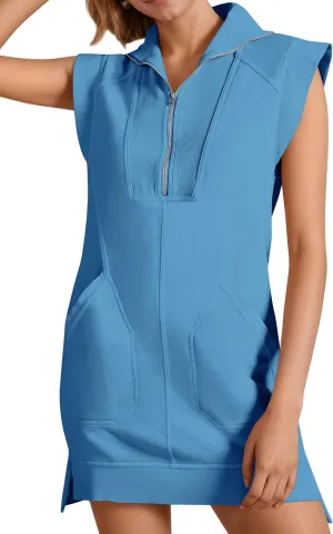 Fisoew Womens Summer Half Zip Sweatshirt Dresses V Neck Collared Sleeveless Workout Tunic Mini Dress