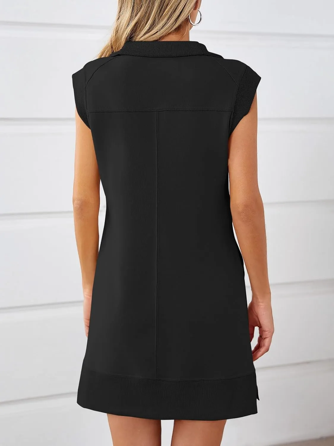 Fisoew Womens Summer Half Zip Sweatshirt Dresses V Neck Collared Sleeveless Workout Tunic Mini Dress
