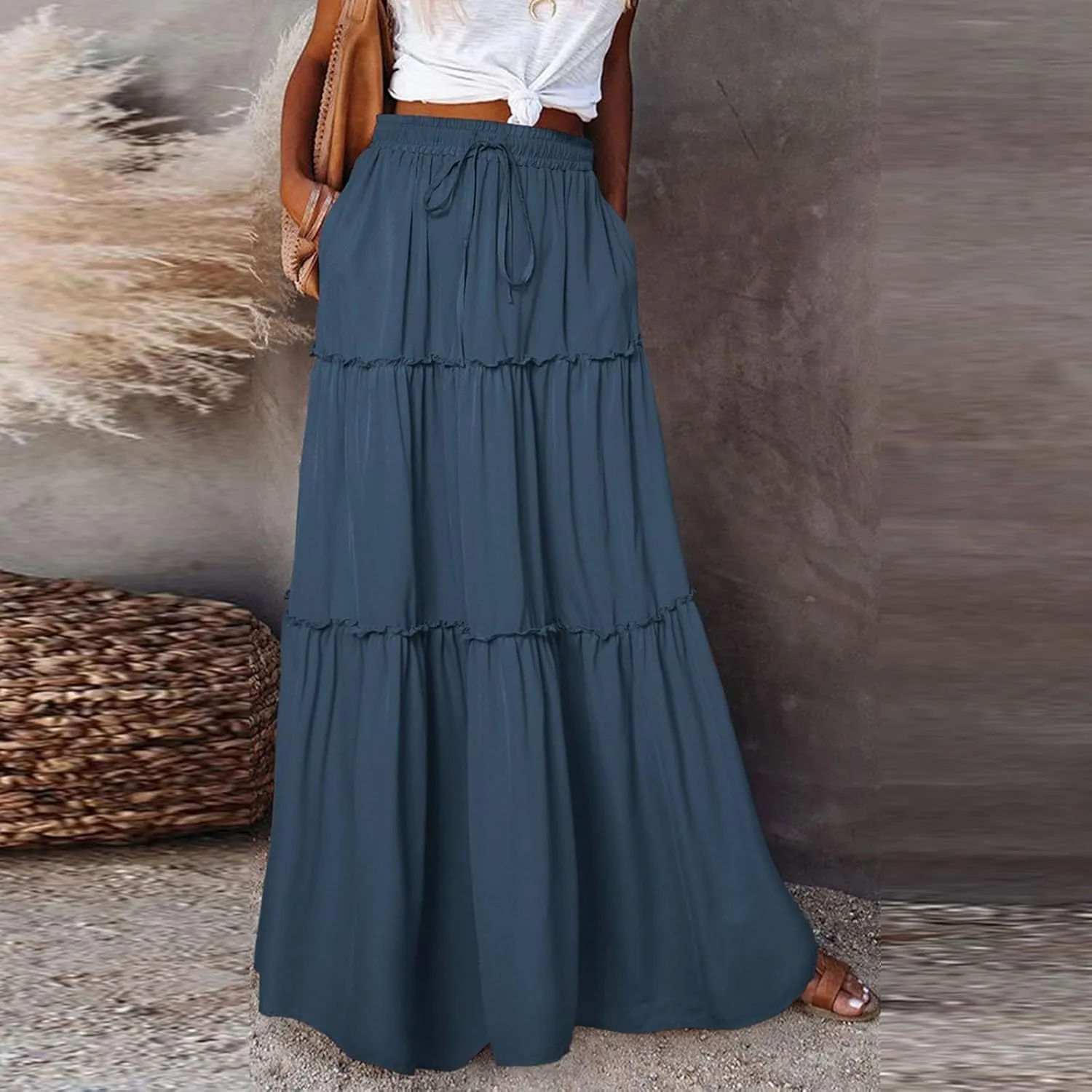 FlekmanArt Pleated Long Skirts for Women Summer Casual Elastic High Waisted Skirts A-Line Flowy Swing Maxi Skirt with Pockets