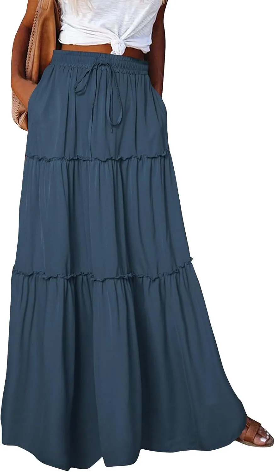 FlekmanArt Pleated Long Skirts for Women Summer Casual Elastic High Waisted Skirts A-Line Flowy Swing Maxi Skirt with Pockets