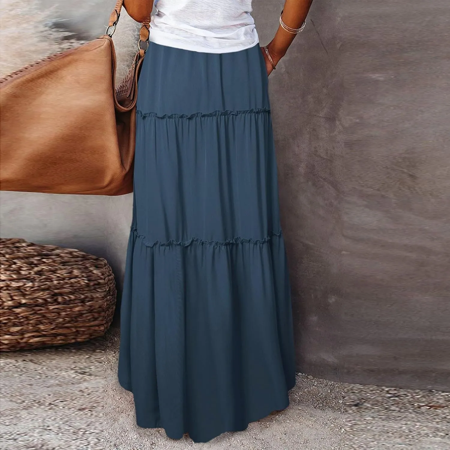 FlekmanArt Pleated Long Skirts for Women Summer Casual Elastic High Waisted Skirts A-Line Flowy Swing Maxi Skirt with Pockets
