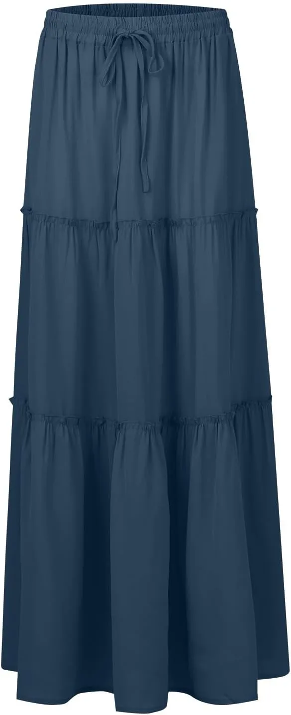 FlekmanArt Pleated Long Skirts for Women Summer Casual Elastic High Waisted Skirts A-Line Flowy Swing Maxi Skirt with Pockets