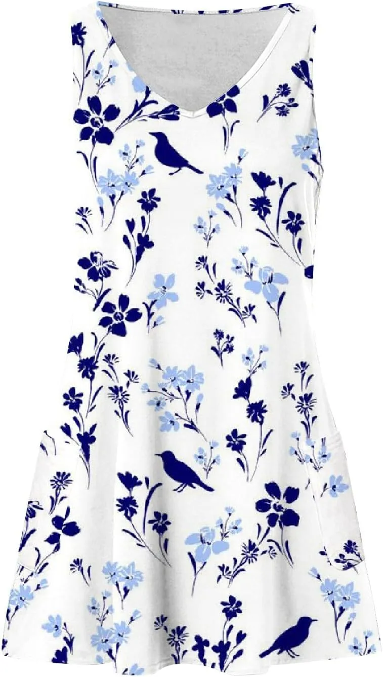 FlekmanArt Summer Dresses for Women 2025 A-Line Printing Tank Dresses V Neck Sleeveless Vacation Minidresses Beach Sundresses