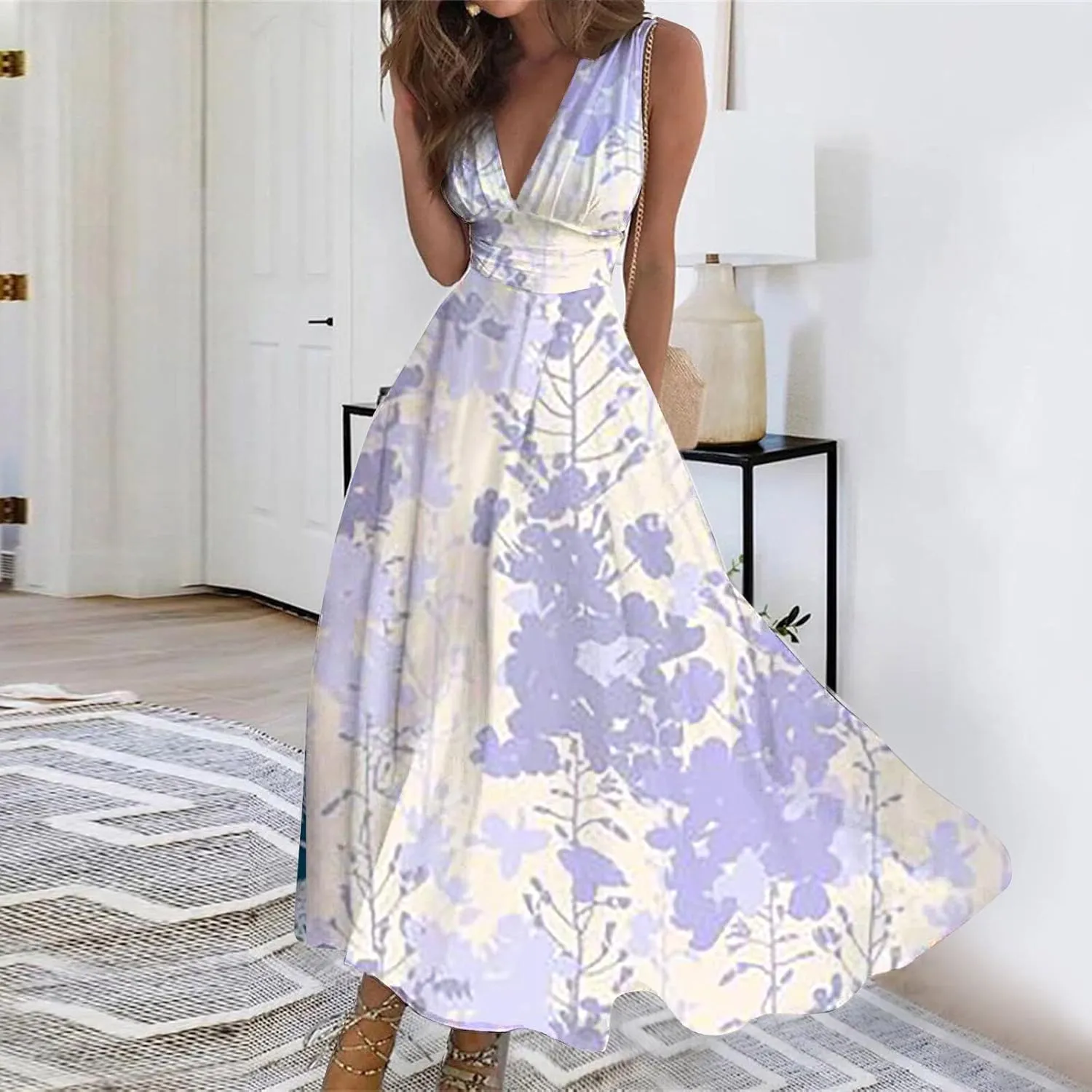 FlekmanArt Womens Dresses Sleeveless Wrap V Neck Beach Dress Flowy Ruched Floral Print Maxi Dress Trendy Boho Dress