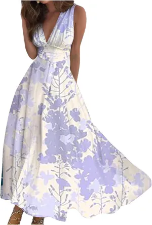 FlekmanArt Womens Dresses Sleeveless Wrap V Neck Beach Dress Flowy Ruched Floral Print Maxi Dress Trendy Boho Dress
