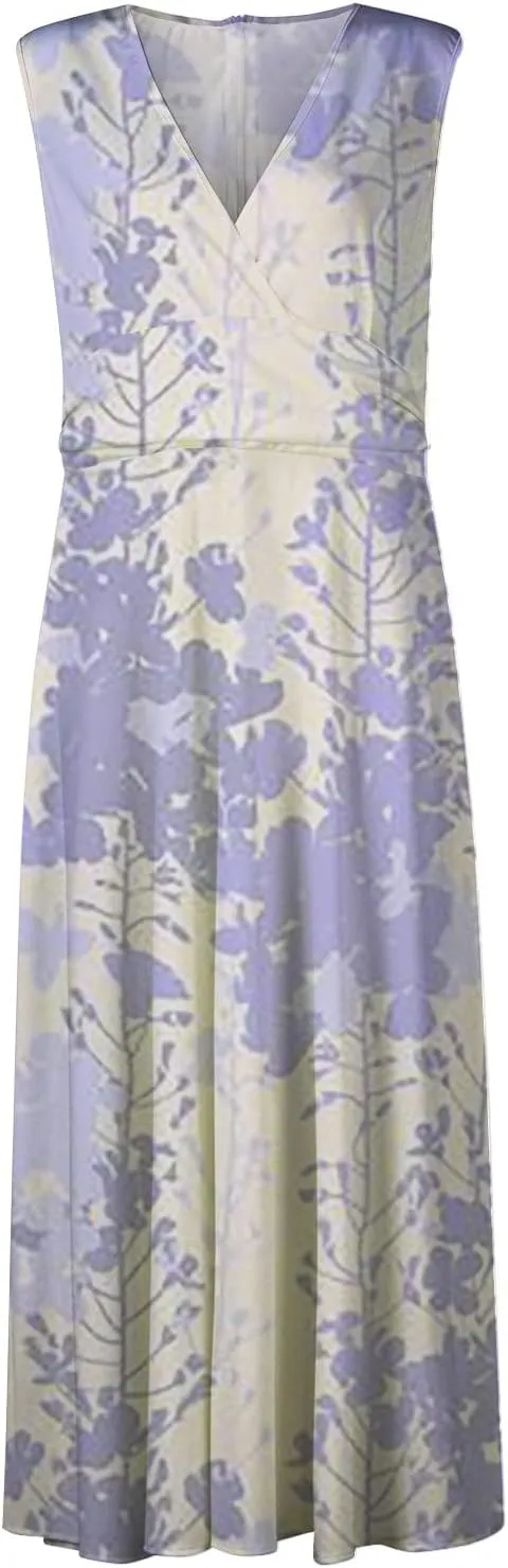 FlekmanArt Womens Dresses Sleeveless Wrap V Neck Beach Dress Flowy Ruched Floral Print Maxi Dress Trendy Boho Dress