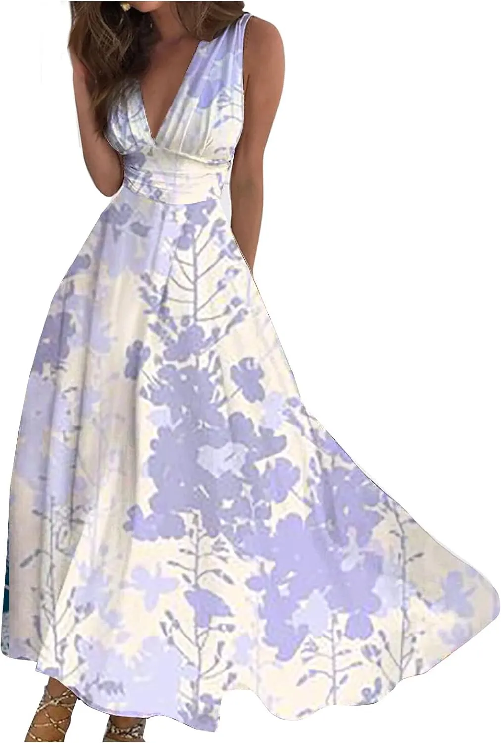 FlekmanArt Womens Dresses Sleeveless Wrap V Neck Beach Dress Flowy Ruched Floral Print Maxi Dress Trendy Boho Dress