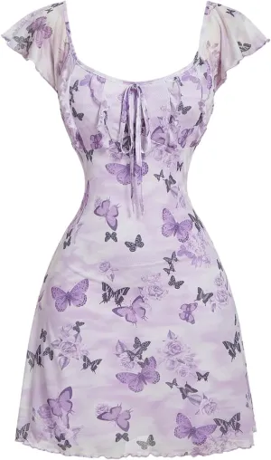Floerns Women's Floral Print Cap Sleeve Dress Square Neck Tie Front Summer A Line Cute Mini Dresses