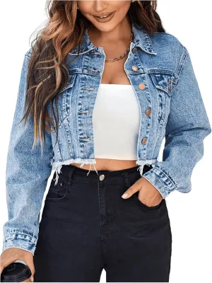 Floerns Women's Raw Hem Long Sleeve Button Down Pocket Cropped Denim Jean Jacket