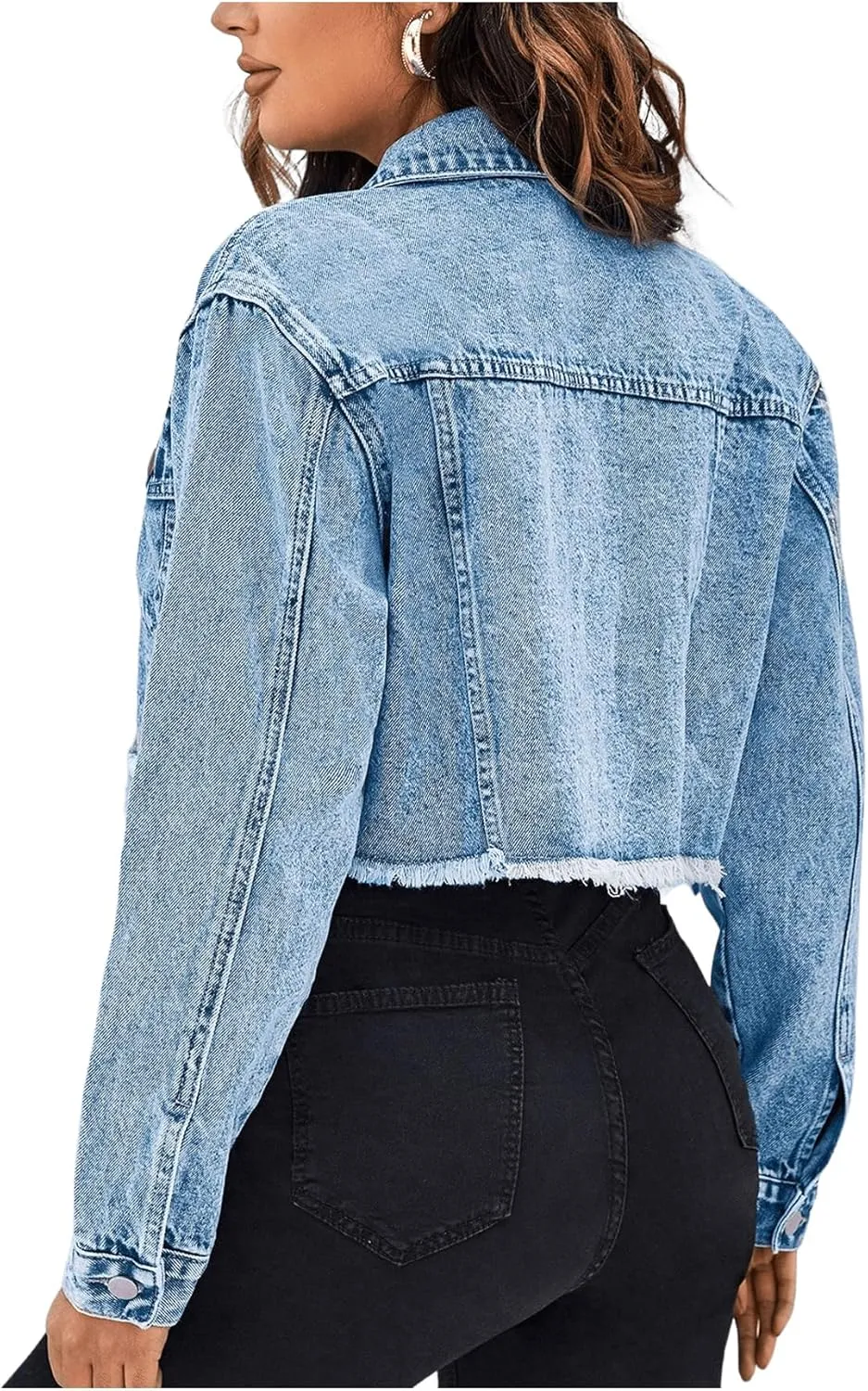 Floerns Women's Raw Hem Long Sleeve Button Down Pocket Cropped Denim Jean Jacket