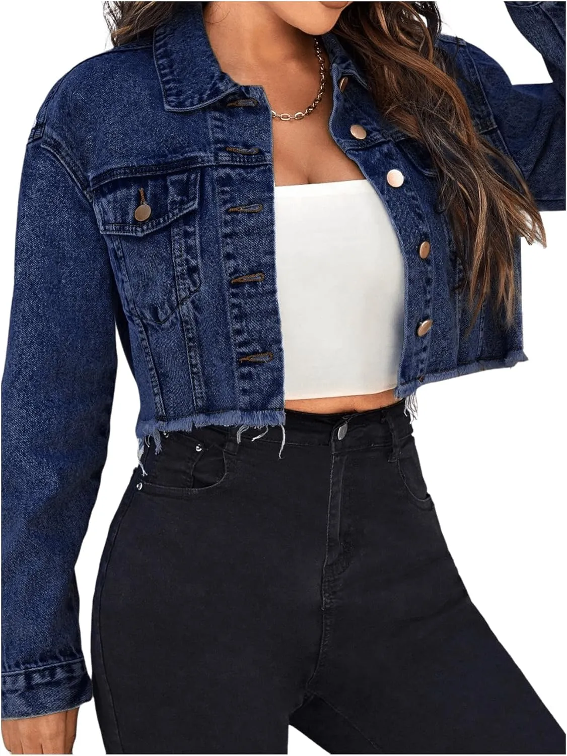 Floerns Women's Raw Hem Long Sleeve Button Down Pocket Cropped Denim Jean Jacket