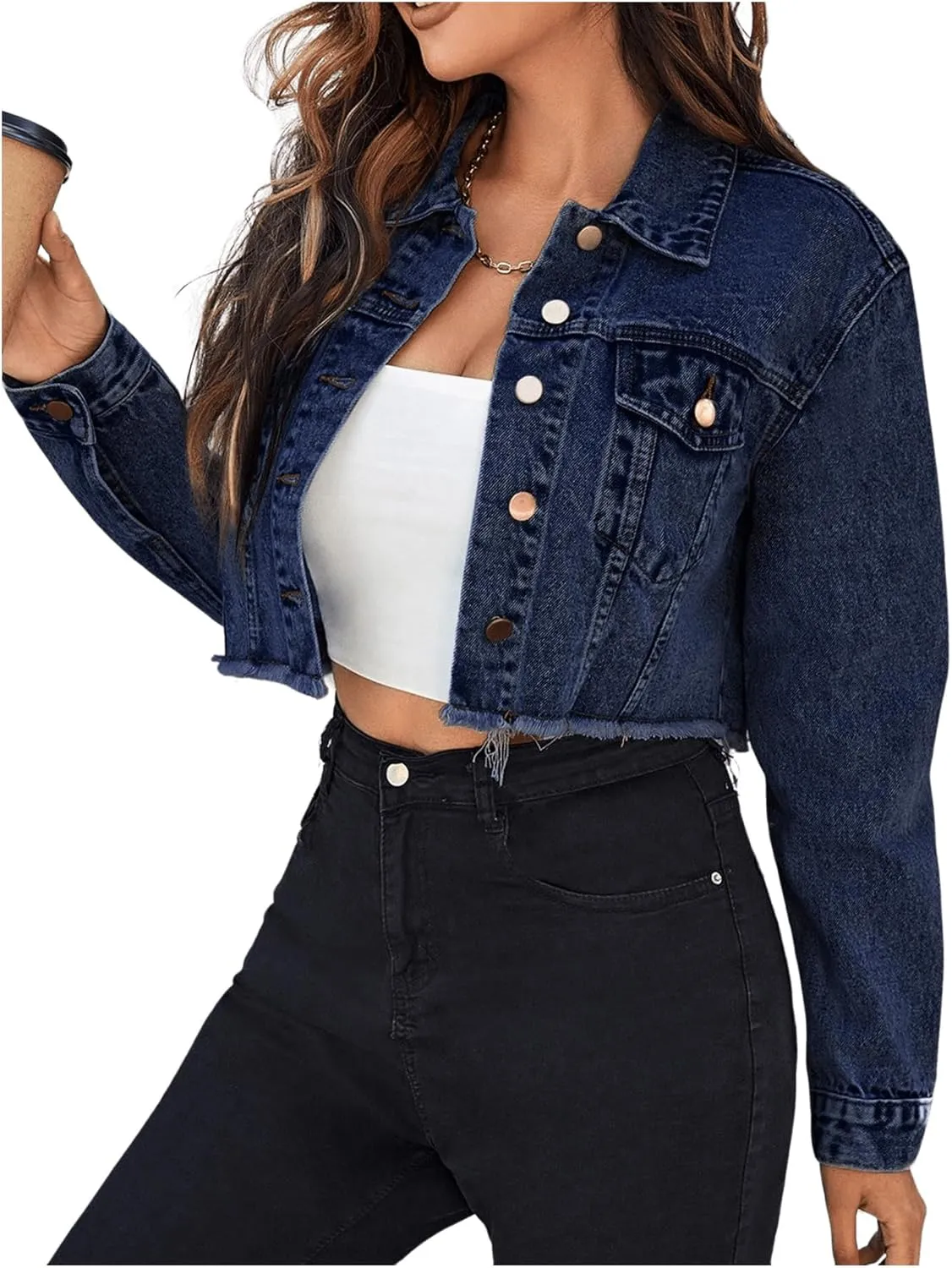 Floerns Women's Raw Hem Long Sleeve Button Down Pocket Cropped Denim Jean Jacket
