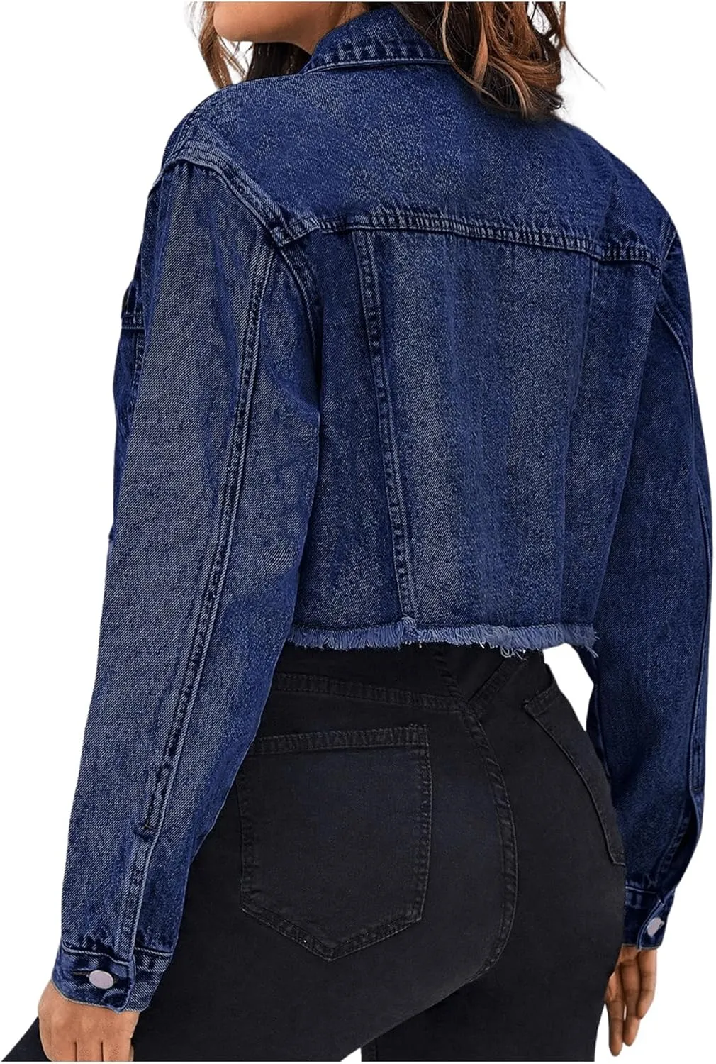 Floerns Women's Raw Hem Long Sleeve Button Down Pocket Cropped Denim Jean Jacket