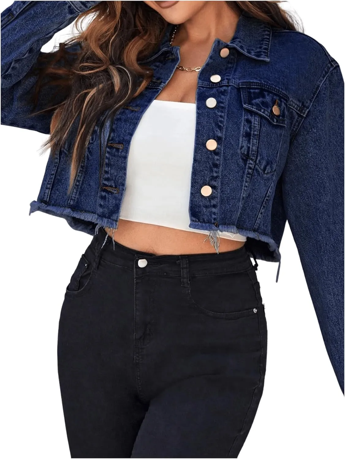 Floerns Women's Raw Hem Long Sleeve Button Down Pocket Cropped Denim Jean Jacket