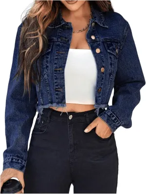 Floerns Women's Raw Hem Long Sleeve Button Down Pocket Cropped Denim Jean Jacket