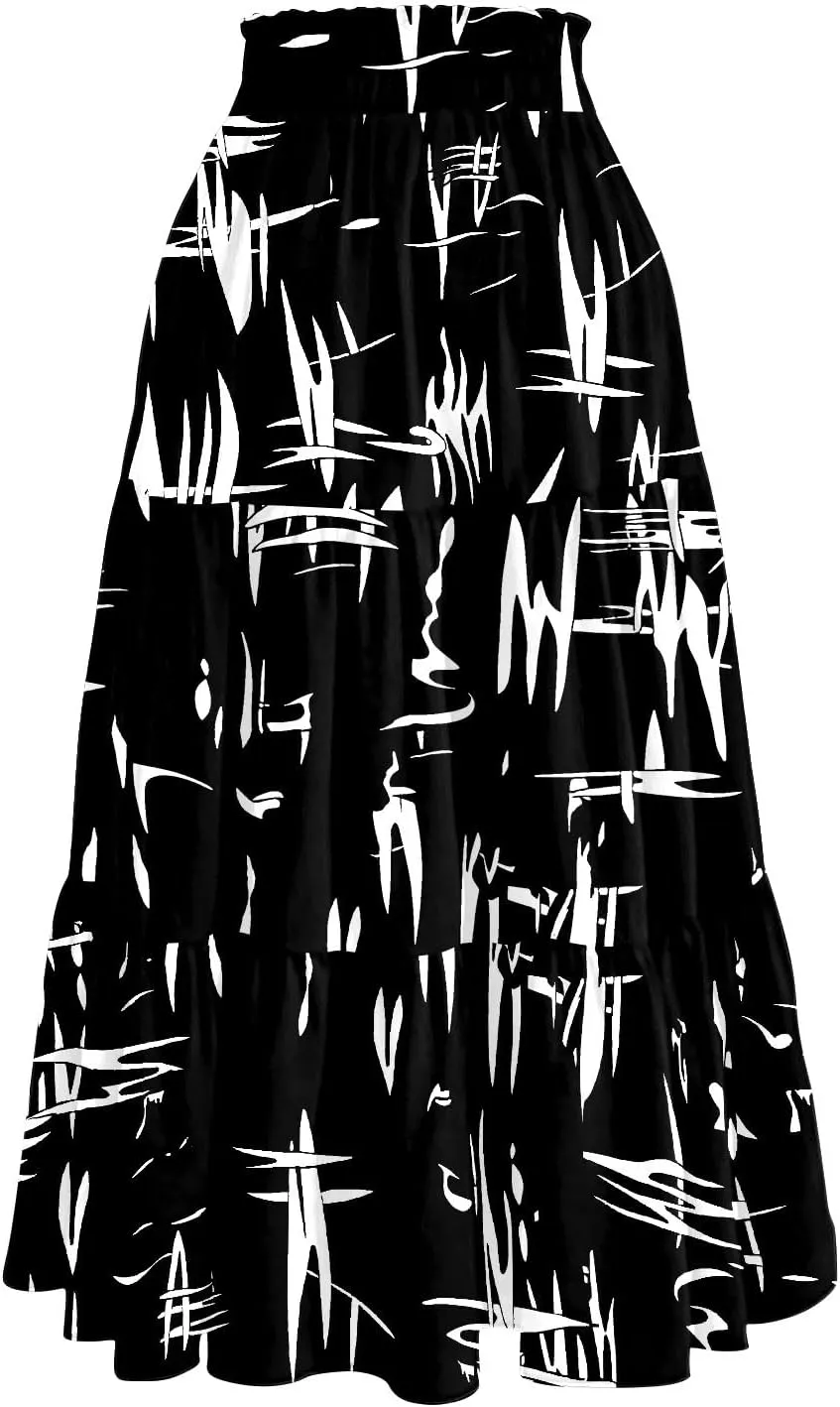 Floral Midi Skirts for Women Summer Boho Smocked High Waisted Skirt Vacation A-Line Long Flowy Skirts with Pockets
