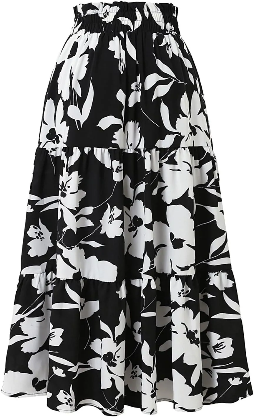 Floral Pleated Skirts for Women Drawstring High Waist Boho Maxi Skirts Summer Flowy Tiered Pleated Beach A Line Skirt