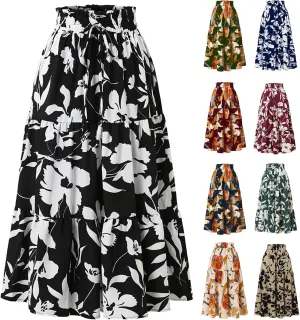 Floral Pleated Skirts for Women Drawstring High Waist Boho Maxi Skirts Summer Flowy Tiered Pleated Beach A Line Skirt