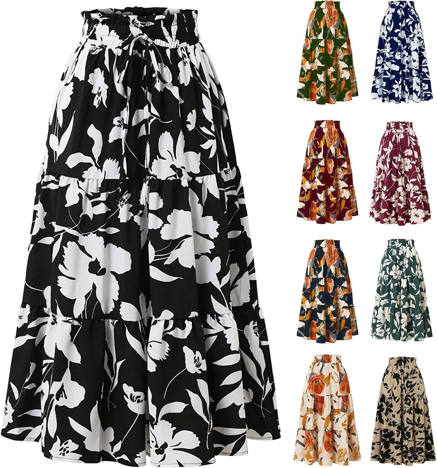 Floral Pleated Skirts for Women Drawstring High Waist Boho Maxi Skirts Summer Flowy Tiered Pleated Beach A Line Skirt