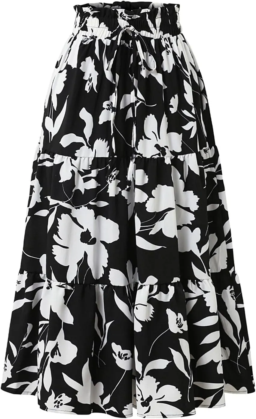 Floral Pleated Skirts for Women Drawstring High Waist Boho Maxi Skirts Summer Flowy Tiered Pleated Beach A Line Skirt